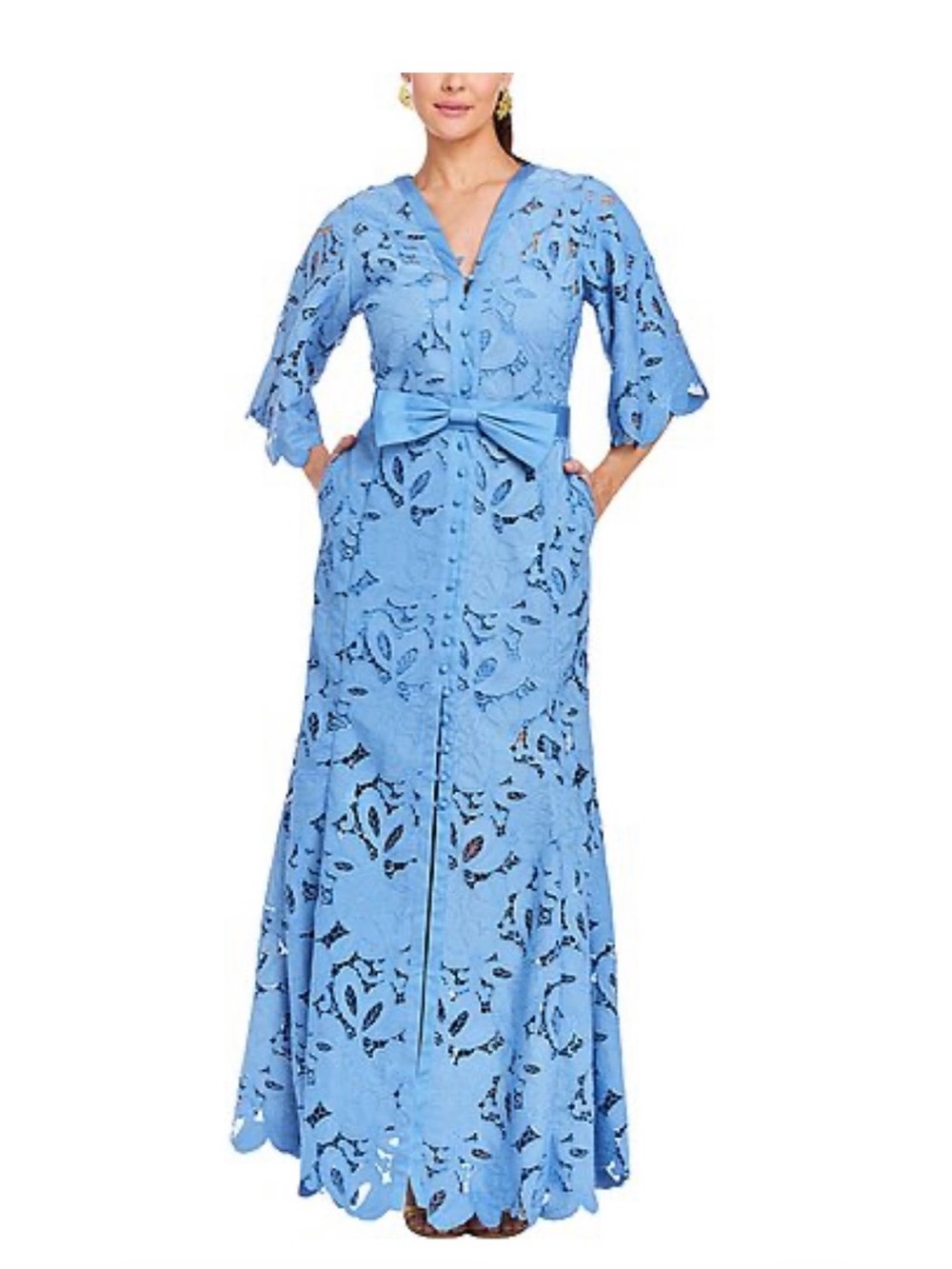 MESTIZA NEW YORK Scalloped Blue Lace Maxi Dress with Self-Tie Belt